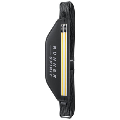 Black running waist bag with dual zippers, reflective yellow stripe, adjustable elastic strap