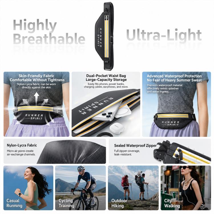 Runner Spirit waist bag with reflective stripe and dual compartments, compact profile
