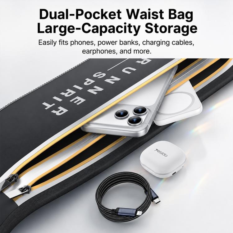 Black dual-pocket waist bag with phone-sized pocket and reflective yellow accents