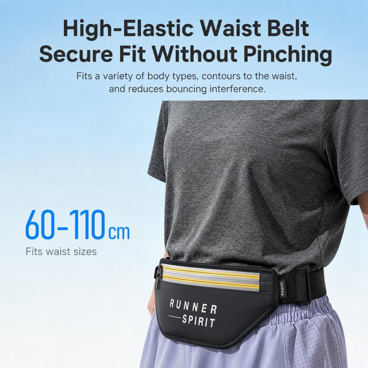 Black waist bag with reflective stripe, elastic belt for secure fit, dual zip