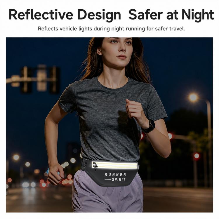 Black running waist bag with reflective yellow stripe for night visibility, dual zip