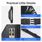 Black waist bag detail view: waterproof zipper and reflective yellow stripe