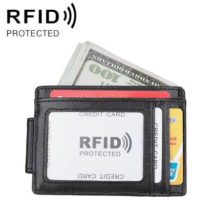 Black RFID-protected leather card holder wallet with front card window and side slots