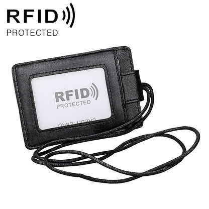 Black RFID leather card holder with clear window and black rope lanyard.