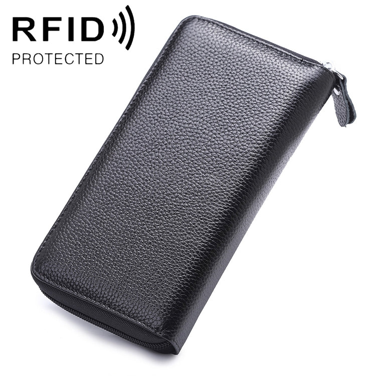 RFID phone wallet purse in dark navy textured leather with zip-top closure