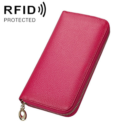 Women’s RFID zip-around wallet in rose red with litchi-texture exterior and key ring
