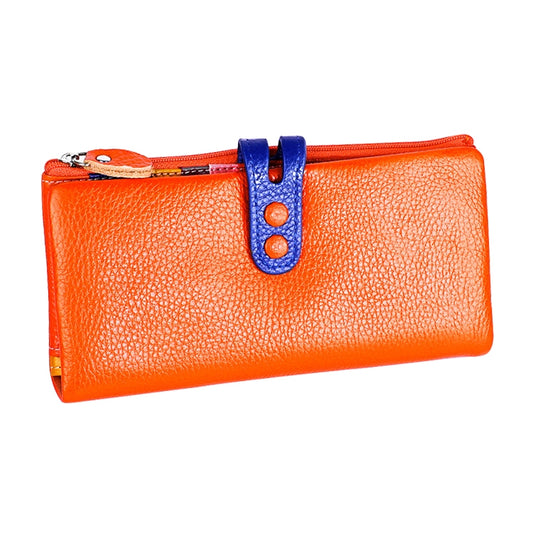 Orange litchi-texture leather zipper wallet with blue strap and metal keyring tab.