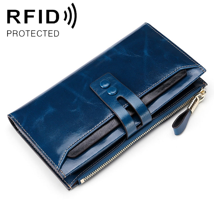 Blue leather lady wallet with snap flap, detachable card slot, and zip-around closure
