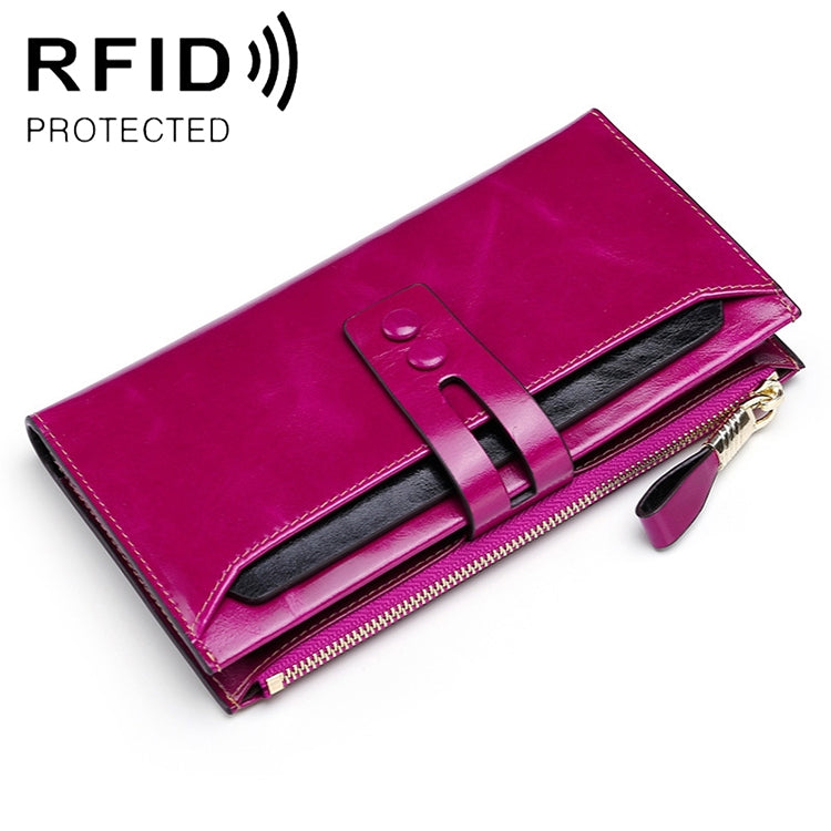 Rose purple leather lady wallet with detachable card holder and zip closure
