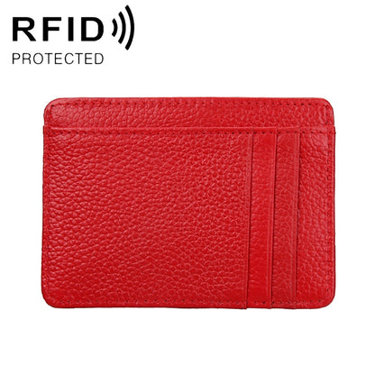 Red litchi-texture leather RFID card holder wallet with card slots and slim fold.