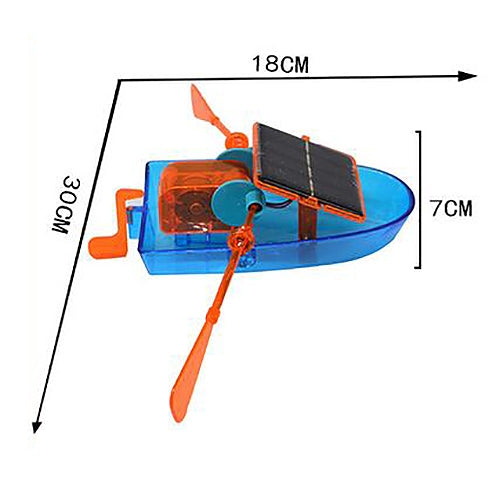 Solar-powered toy boat with size diagram showing 18cm x 7cm
