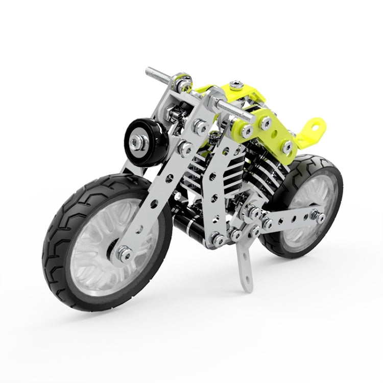 Assembled metal DIY motorcycle model with black tires and lime green accents.