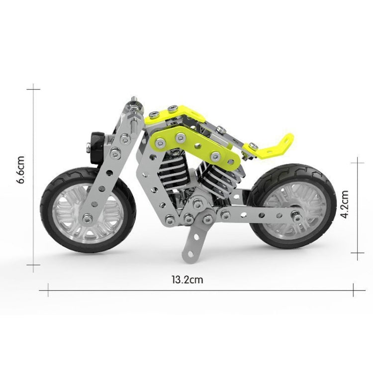 Metal DIY motorcycle model with lime green details, shown with size dimensions.