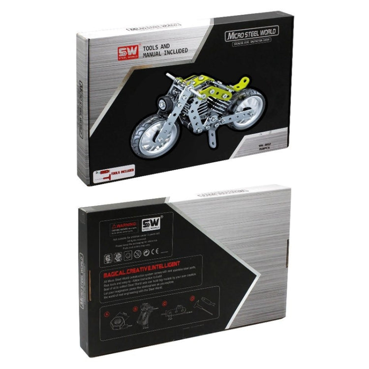 DIY motorcycle building kit box with chrome and lime green motorbike artwork.