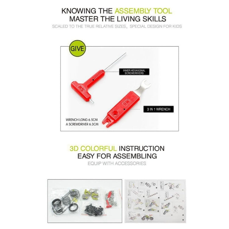 Assembly instruction sheet showing a wrench tool and step-by-step build pages.
