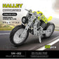 Halley motorcycle DIY building set poster with lime-and-silver metal model.