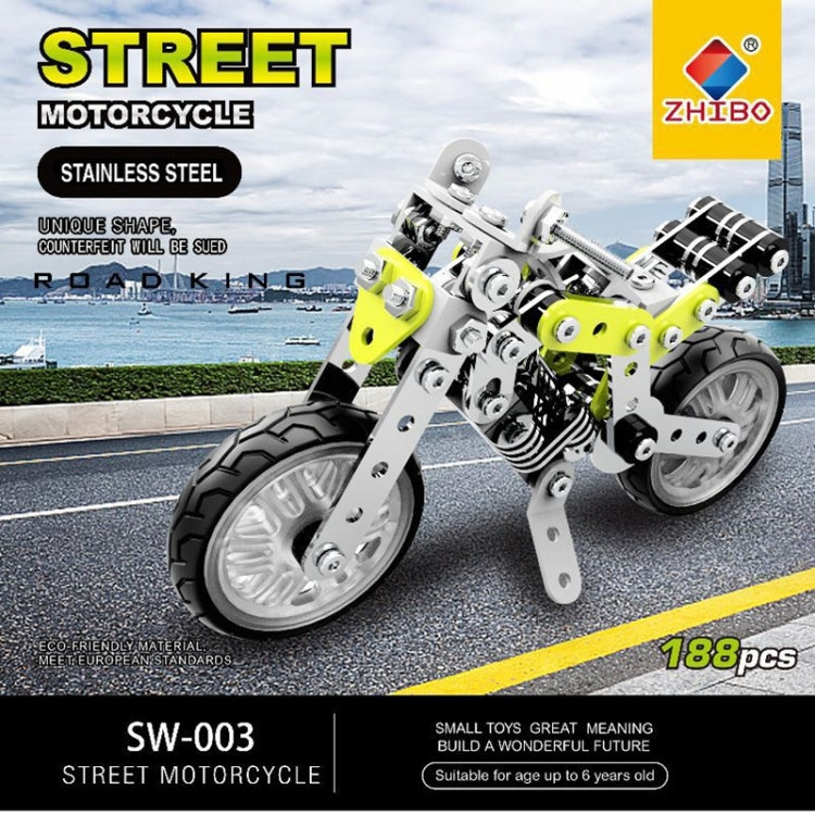 Street motorcycle stainless steel building kit model with lime green details, 188 pieces