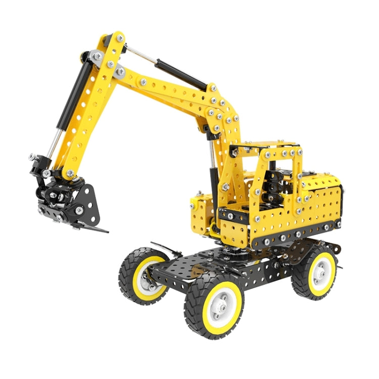 Stainless-steel excavator model with yellow arm, black bucket, and four treaded wheels