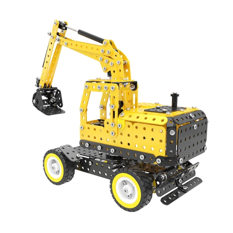 Yellow and black excavator build set with raised boom and front cabin on four wheels