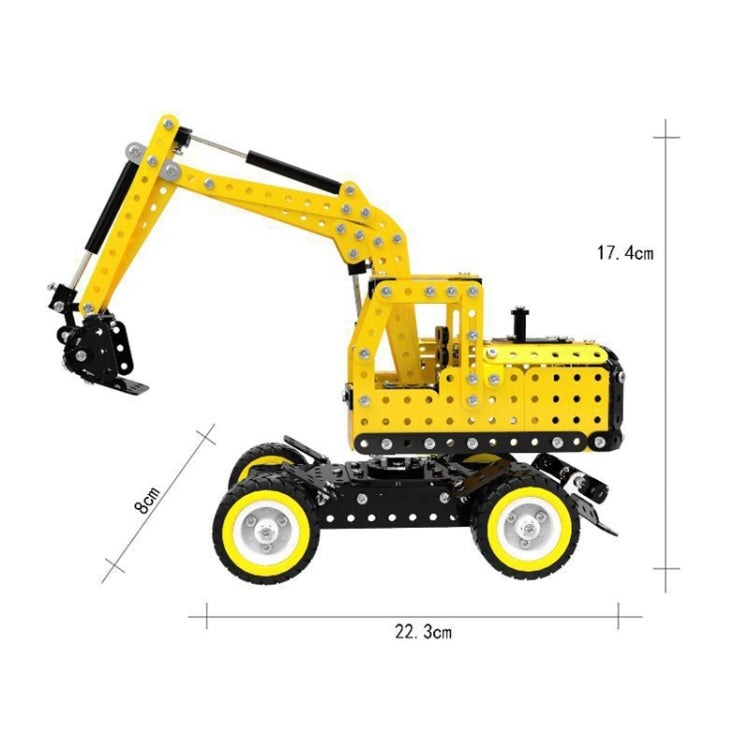 Yellow and black excavator model kit with front bucket and four-wheel chassis