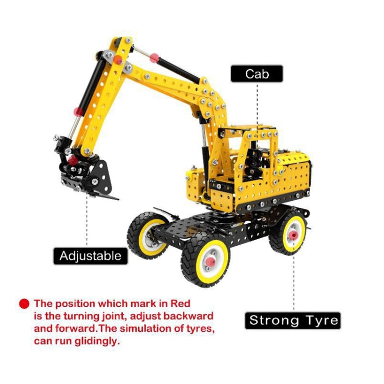 Adjustable stainless-steel excavator model with cab, arm joints, and strong tread wheels