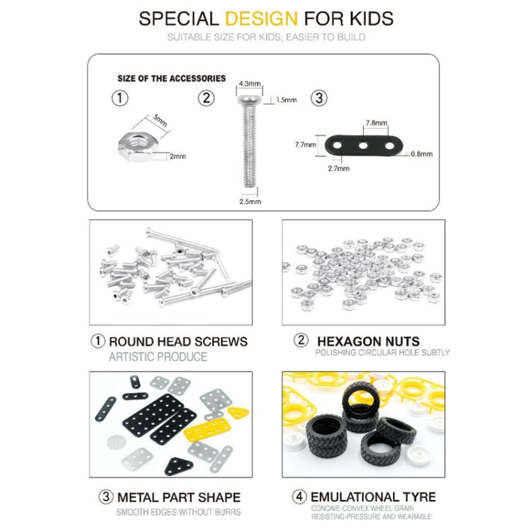 Assorted metal parts and emulation tyre pieces for stainless-steel excavator kit
