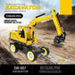 Yellow stainless-steel excavator toy with articulated arm, front bucket, and four wheels