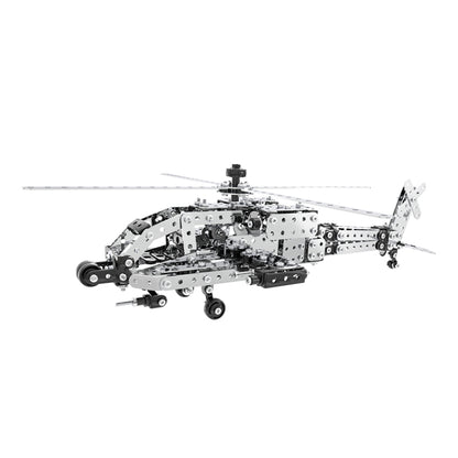 Stainless steel AH-64 helicopter gunship metal model, fully assembled with rotors