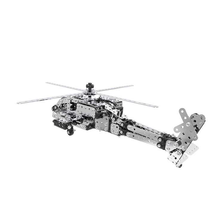 Stainless steel AH-64 helicopter gunship metal model, side view with tail rotor