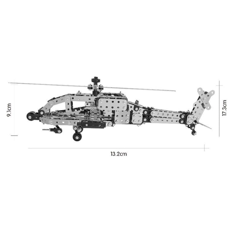Stainless steel AH-64 helicopter gunship metal model with size measurement lines