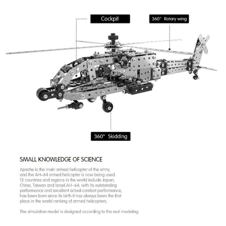 Stainless steel AH-64 helicopter gunship metal model with cockpit and skids