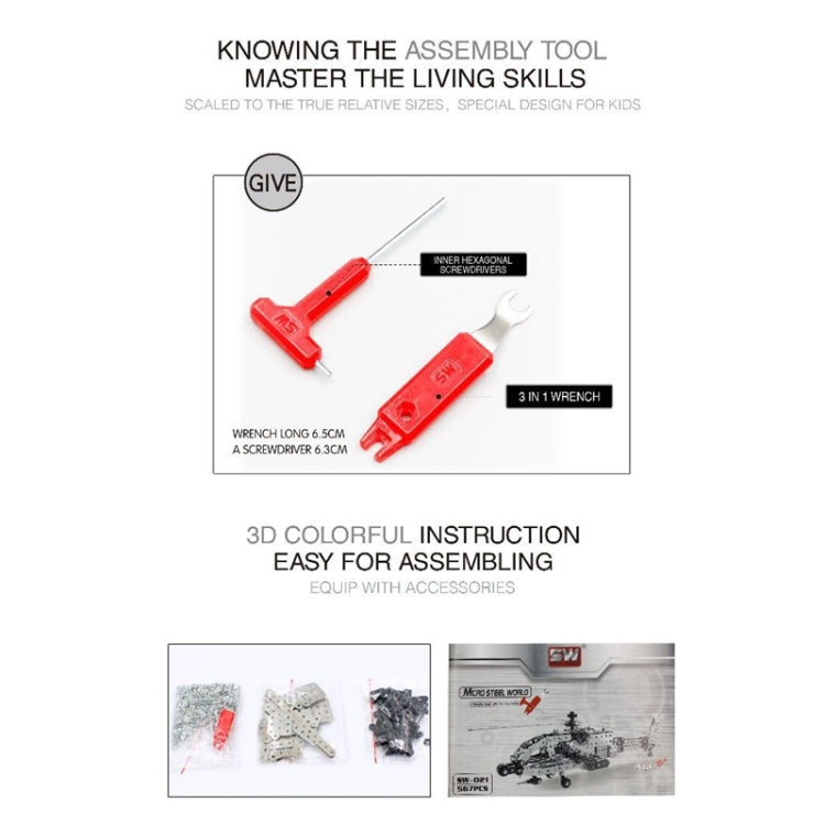 Model kit instructions showing assembly tools, 3D step diagrams, and accessories