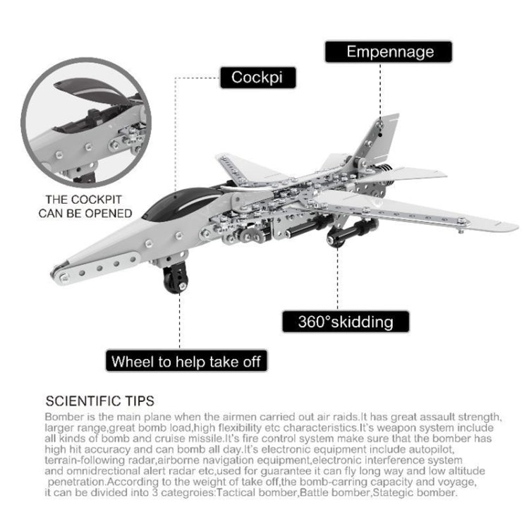 DIY stainless steel bomber plane model with labeled cockpit, wheel and takeoff details