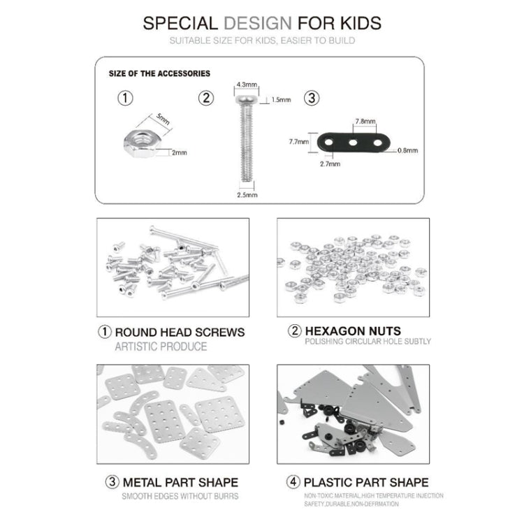 DIY assembly guide for stainless steel bomber plane kit, screws and nuts illustrations