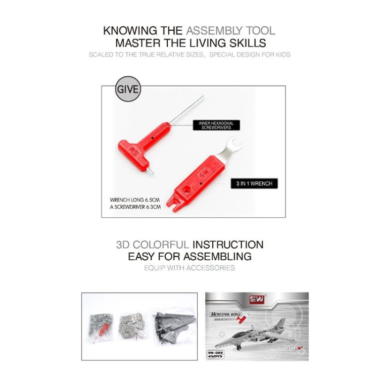 Assembly instruction sheet with wrench and screwdriver tools for stainless steel bomber plane kit