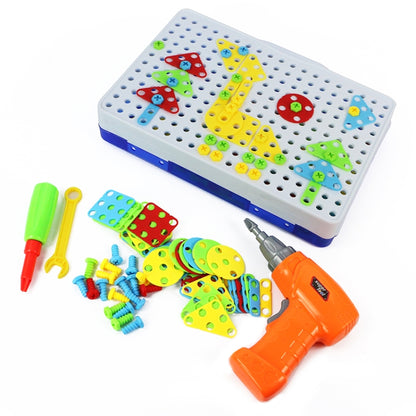 DIY peg mosaic screw-and-nut building set with orange drill, colorful parts, carry case
