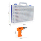 DIY peg mosaic set with white perforated case, orange drill, size diagram