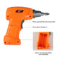 Orange toy drill for DIY screw-and-nut assembly, with included tips illustration