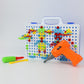 DIY peg mosaic screw-and-nut board with assembled parts and orange drill