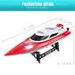 Red remote control racing speedboat with black motor mount and tail stand