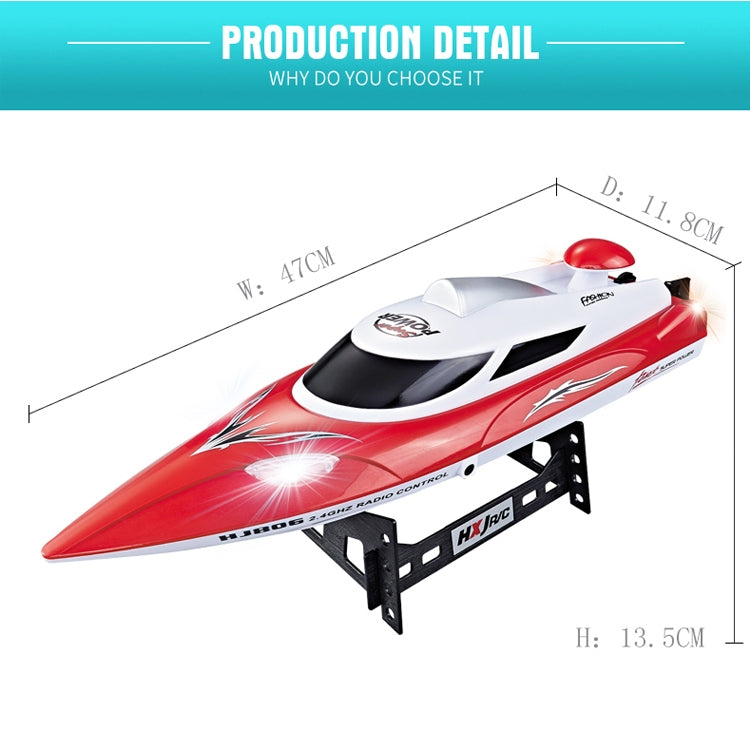 Red remote control racing speedboat with black motor mount and tail stand