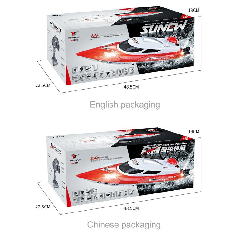 Red and white remote control racing boat in retail box packaging