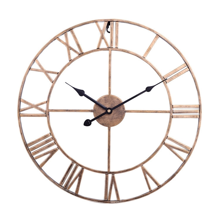 Round iron wall clock with Roman numeral ring, bronze frame and dark clock hands