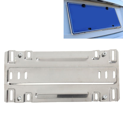 Stainless steel license plate bracket frame with mounting holes and screws