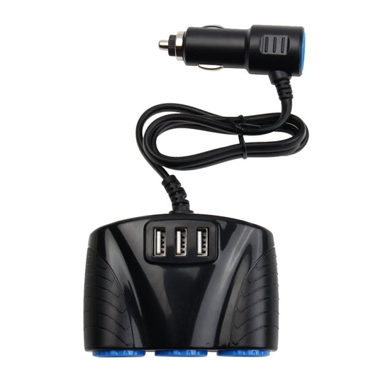 Black 3-USB car charger with cigarette lighter plug and four-prong cable lead