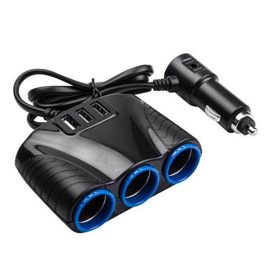 Car 3-USB and 3-socket cigarette lighter charger with blue ports, black housing