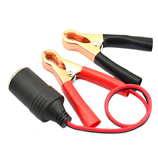 Car battery clip adapter cable set: black plug, red wires, gold alligator clips