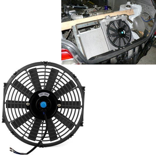 12-inch car cooling fan with black grille and 12V 80W center label
