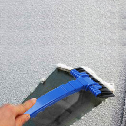 Handheld car ice scraper with blue handle and black serrated scraping edge