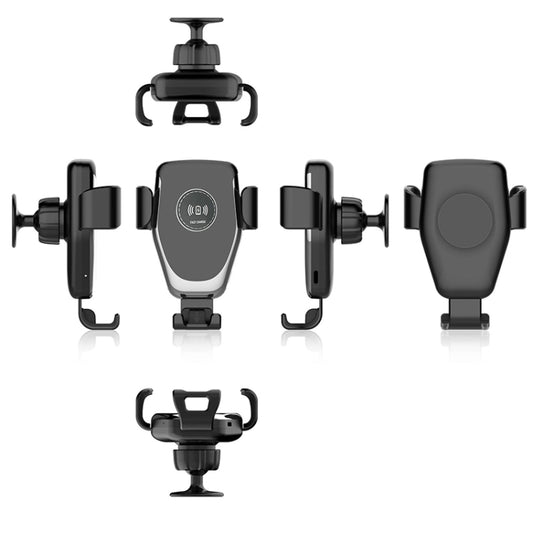 Black adjustable car air outlet wireless charger mount shown from multiple angles